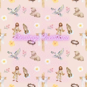 May include: A repeating pattern on a pink background featuring religious symbols. The design includes images of doves, lambs, Jesus, praying hands, crosses, flowers, and a crown of thorns. The text "Sterlings Creations" is also present.