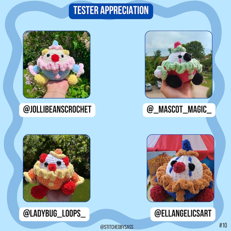 K&ouml;nnte beinhalten: Vier geh&auml;kelte Clown-Pl&uuml;schtiere in verschiedenen Farbkombinationen. Jedes Pl&uuml;schtier h&auml;lt ein rotes Herz. Die Pl&uuml;schtiere werden vor einem hellblauen Hintergrund mit dem Text "TESTER APPRECIATION" oben angezeigt.