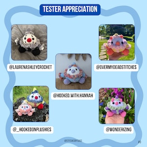 K&ouml;nnte beinhalten: Eine Collage zur Wertsch&auml;tzung der Tester mit f&uuml;nf geh&auml;kelten Clown-Pl&uuml;schtieren in verschiedenen Farben und Mustern. Jedes Pl&uuml;schtier wird vor einem anderen Hintergrund gezeigt, mit dem Instagram-Handle des Testers unter jedem Bild. Der Text "Tester Appreciation" befindet sich oben auf der Collage.