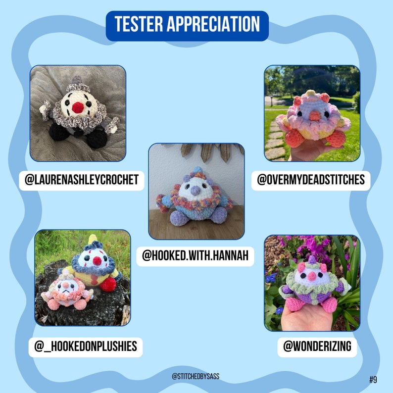 K&ouml;nnte beinhalten: Eine Collage zur Wertsch&auml;tzung der Tester mit f&uuml;nf geh&auml;kelten Clown-Pl&uuml;schtieren in verschiedenen Farben und Mustern. Jedes Pl&uuml;schtier wird vor einem anderen Hintergrund gezeigt, mit dem Instagram-Handle des Testers unter jedem Bild. Der Text "Tester Appreciation" befindet sich oben auf der Collage.