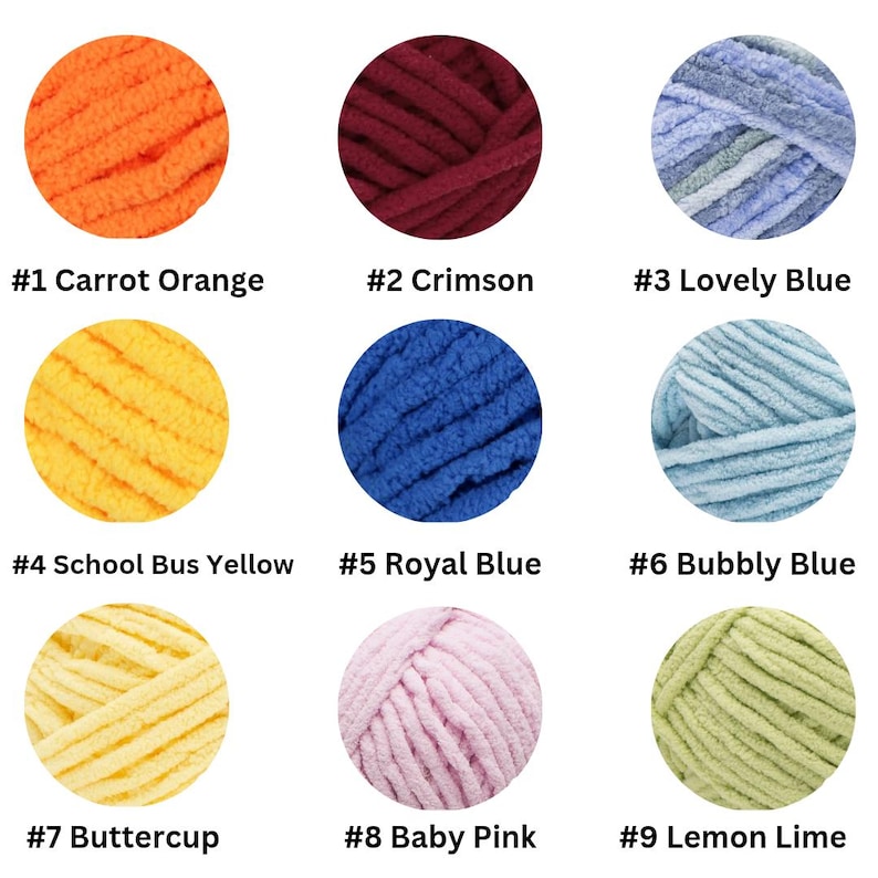 以下が含まれることがあります： 「#1 Carrot Orange」、「#2 Crimson」、「#3 Lovely Blue」、「#4 School Bus Yellow」、「#5 Royal Blue」、「#6 Bubbly Blue」、「#7 Buttercup」、「#8 Baby Pink」、「#9 Lemon Lime」とラベル付けされた、柔らかな質感の9つの円形毛糸サンプル。