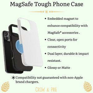 May include: A MagSafe Tough Phone Case featuring a dual-layer design with an embedded magnet for accessory compatibility. The case has clear, open ports and is available in glossy or matte finishes. Text includes MagSafe Tough Phone Case and Compatibility not guaranteed with non-Apple brand chargers.