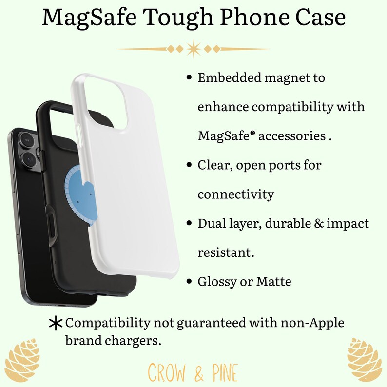 May include: A MagSafe Tough Phone Case featuring a dual-layer design with an embedded magnet for accessory compatibility. The case has clear, open ports and is available in glossy or matte finishes. Text includes MagSafe Tough Phone Case and Compatibility not guaranteed with non-Apple brand chargers.