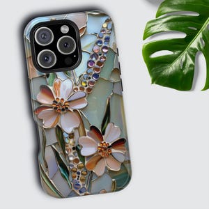 Mosaic Floral iPhone MagSafe Tough Case, 16 15 14 13 Mini Pro Max Plus, Unique Stained Glass Style Phone Cover, Accessory Gift For Her