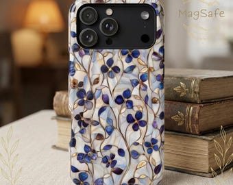 Cobalt Blue Floral iPhone Tough Case - MagSafe Phone Cover Stained Glass Style