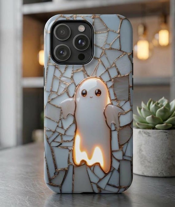 Cute Ghost Phone Case, Faux Stained Glass Halloween Design, MagSafe iPhone Case, Samsung Galaxy S26 Cover