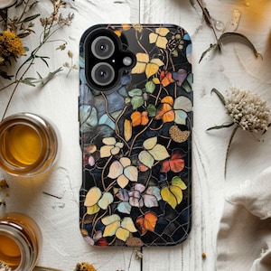 Mosaic Phone Case MagSafe Iphone Case 16 15 14 13 Mini Pro Max Plus Black Stained Glass Dramatic Vines Nature Inspired Gift For Her