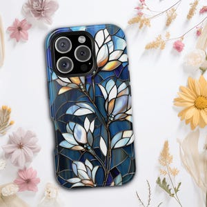 Stained Glass Style Floral iPhone MagSafe 16 15 14 13 Mini Pro Max Plus, Unique Mosaic Phone Cover Gift, Tough Hardshell