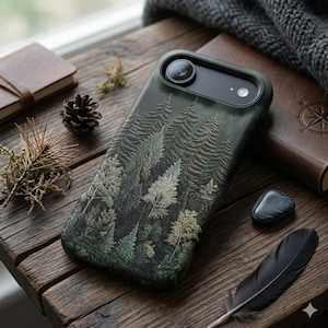 May include: Dark green phone case featuring a detailed forest scene with various trees. The case has a textured appearance and is designed to fit a smartphone. The case is resting on a wooden surface, alongside a feather, a journal, and a pinecone.