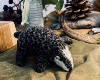 Knitted badger, knitted badger, wool badger, Waldorf toy