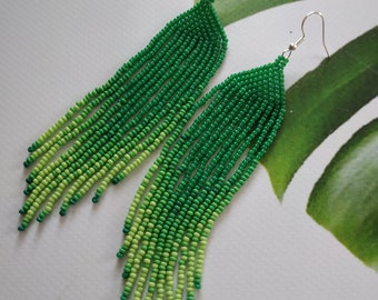 Long beaded earrings with fringe Long green fringe earrings Extra long earrings Mexican earrings boho earrings Long ombre beaded earrings