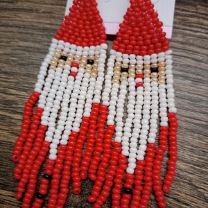 Santa Claus earrings Christmas gift Long beaded earrings Boho earrings Long fringe earrings Huichol earrings Red beaded earrings image 4