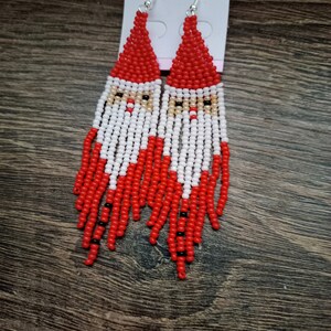 Santa Claus earrings Christmas gift Long beaded earrings Boho earrings Long fringe earrings Huichol earrings Red beaded earrings image 1