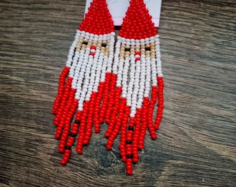 Santa Claus earrings Christmas gift Long beaded earrings Boho earrings Long fringe earrings Huichol earrings Red beaded earrings