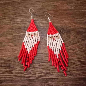 Santa Claus earrings Christmas gift Long beaded earrings Boho earrings Long fringe earrings Huichol earrings Red beaded earrings image 7