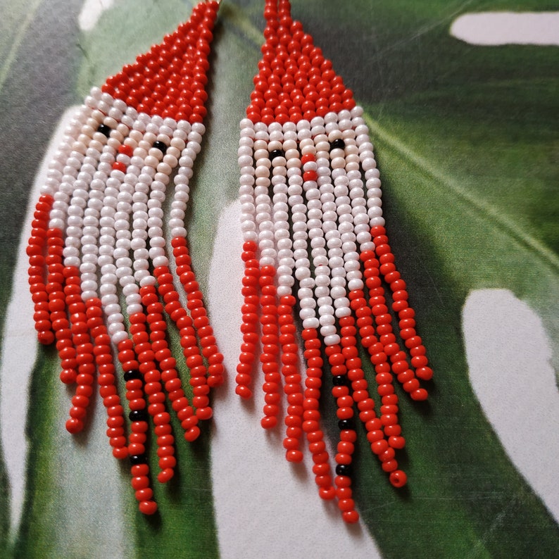 Santa Claus earrings Christmas gift Long beaded earrings Boho earrings Long fringe earrings Huichol earrings Red beaded earrings image 10