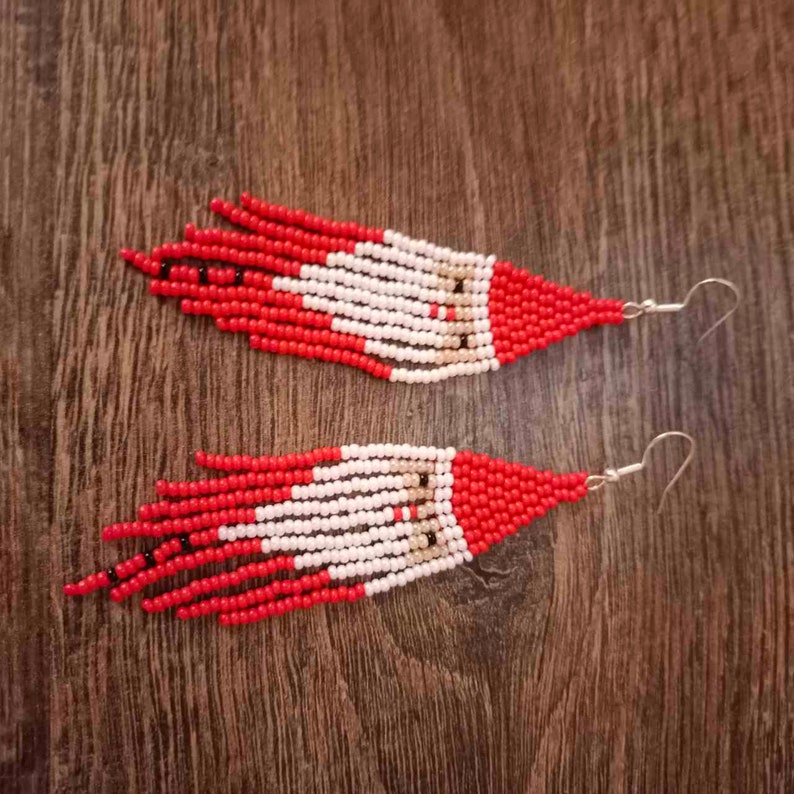 Santa Claus earrings Christmas gift Long beaded earrings Boho earrings Long fringe earrings Huichol earrings Red beaded earrings image 5