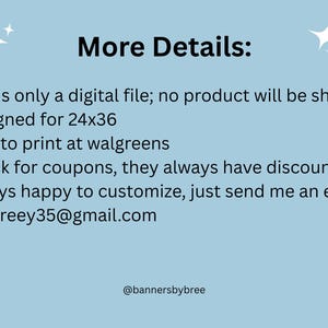 May include: Light blue background with the text "More Details:" and bullet points. The text includes information about the digital file, design size, printing location, and customization options. The email address Jaubreey35@gmail.com is also included.