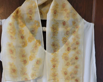 Eco-printed Habotai silk scarf Coreopsis Flowers