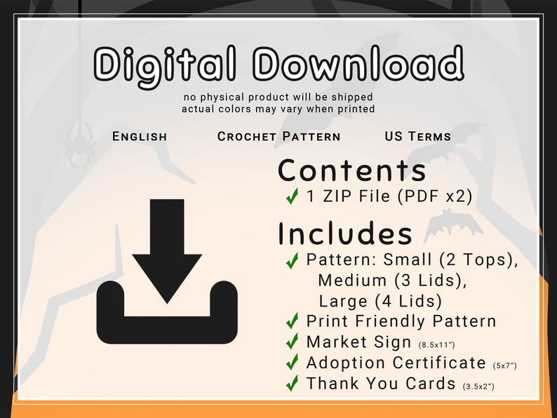 Digital Download. No physical product will be shipped. English crochet pattern in US terms. ZIP file (PDF x2) includes patterns for Itty Bitty Cauldron (2 Tops), Cauldron (3 Lids), Great Cauldron (4 Lids), print friendly pattern, market sign, adoption certificate and thank you cards.