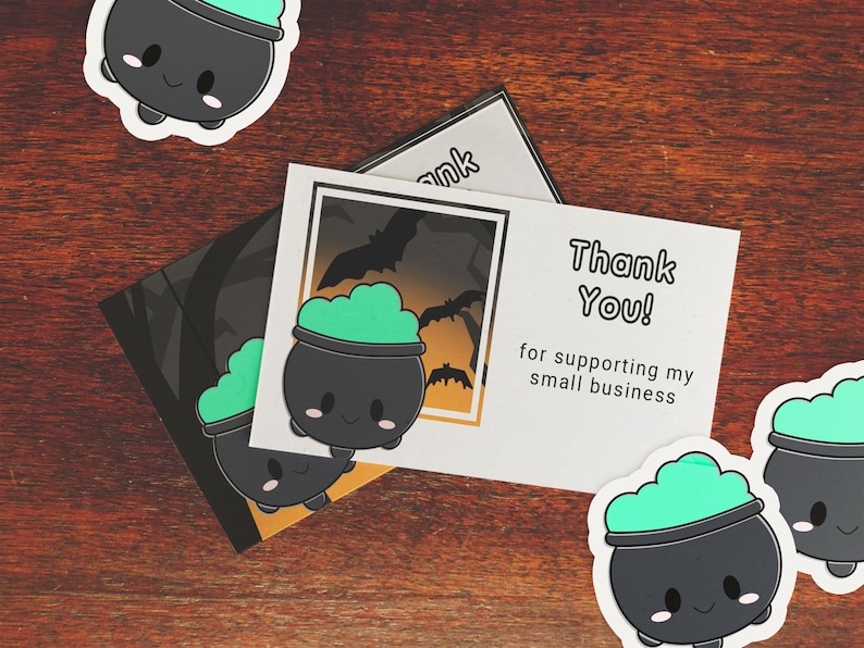 A closeup photo of the printed Cauldron thank you cards ~3.5&quo" x 2".