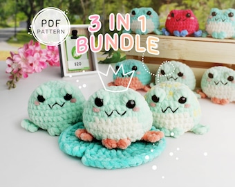 May include: A crochet pattern bundle for making three different frog plushies. The pattern includes instructions for making a green frog, a green and white frog, and a pink frog. The pattern is available as a PDF download. The text on the image reads "3 in 1 Bundle".