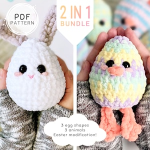 Op de afbeelding: Een 2-in-1 haakpatroonbundel met 3 eivormige vormen en 3 dieren. De bundel bevat een wit konijn en een veelkleurige eend.