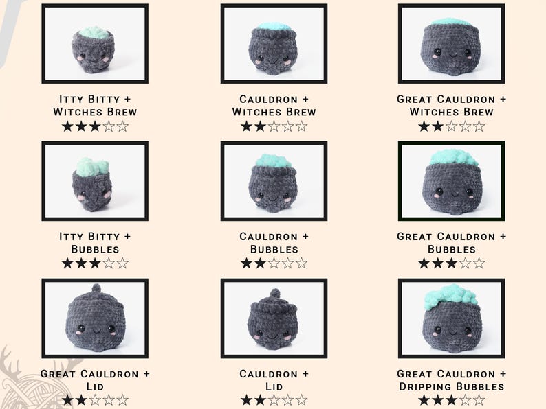 Cauldron sizes shown with each lid option (9 combinations total).