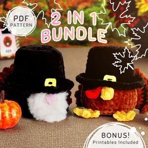 May include: A crochet Thanksgiving-themed 2-in-1 bundle featuring two turkey figures wearing black hats with yellow buckles. One turkey has a white beard, and the other has a red wattle. The image includes pumpkins and the text "2 IN 1 BUNDLE".