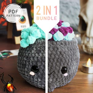 May include: A split image shows two plush, grey cauldron-shaped toys, each with a different topping: one with teal, the other with purple and teal. The text "2 IN 1 BUNDLE" is displayed above the toys. The image also includes decorative spiders and a skull.