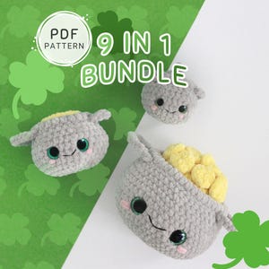 May include: A collection of three crocheted gray pots with smiling faces and large, teal eyes. One pot is open and filled with yellow crocheted items. The image includes the text "9 IN 1 BUNDLE" and a shamrock.