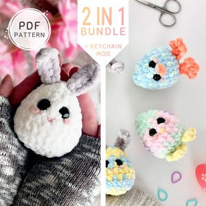 May include: A 2 in 1 crochet pattern bundle featuring a white bunny and a colourful Easter egg. The pattern includes instructions for a keychain mod. PDF pattern.