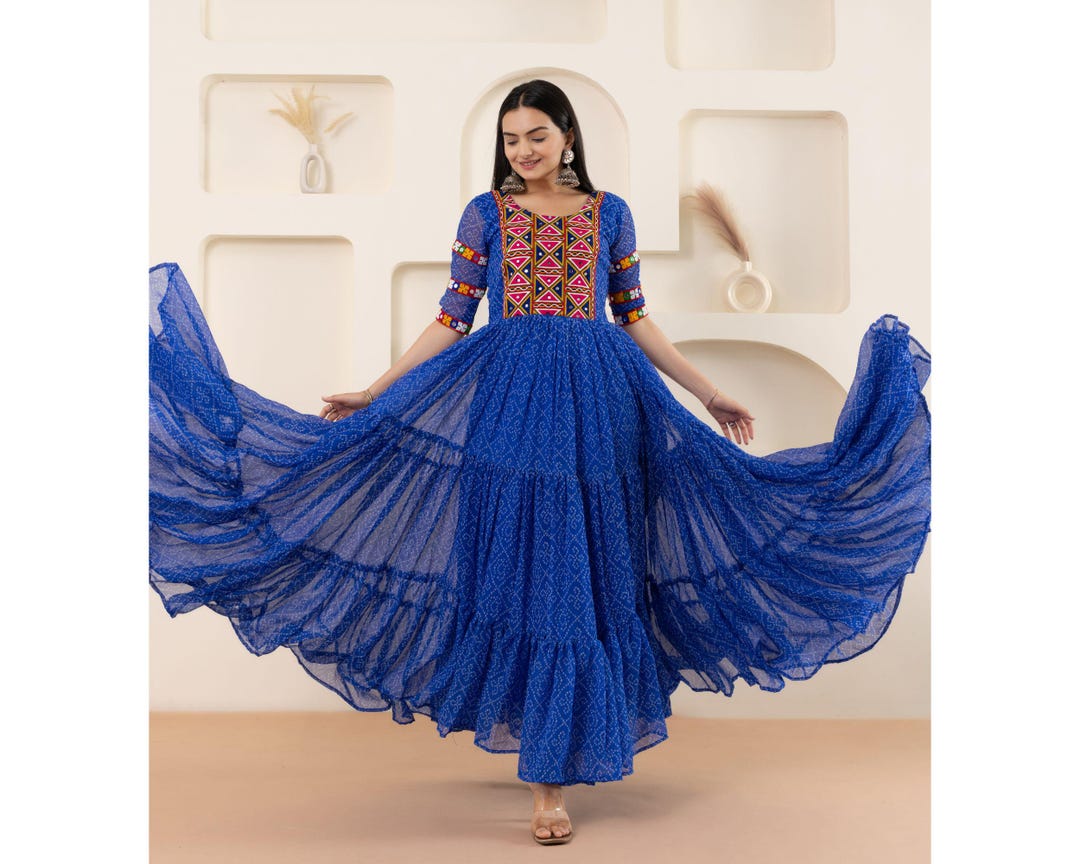 Gamathi Work Navratri Gown with Real Mirror – Bandhani Print, 9 Meter Flair
