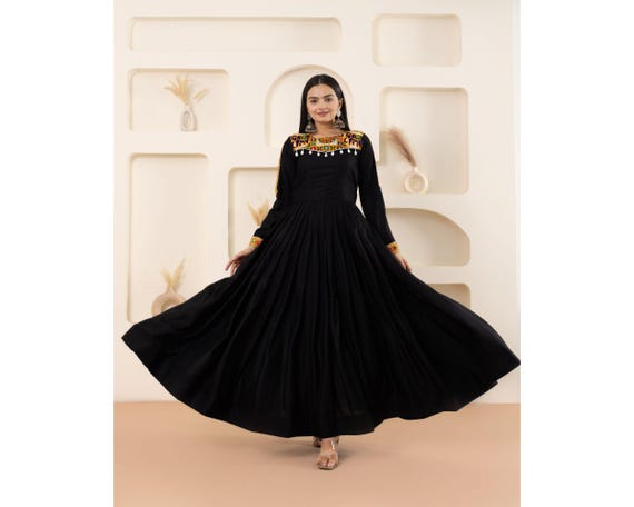 Navratri Gown for Women Garba Outfit Full Flair Dress Navratri Dress Garba Night Festival Outfit Gamthi Work Cotton Black Gown Dance Gown Etsy UK