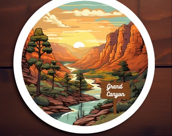 May include: A colorful illustration of the Grand Canyon with a river winding through it. The sky is a vibrant orange and yellow, with fluffy white clouds. A wooden sign reads "Grand Canyon".