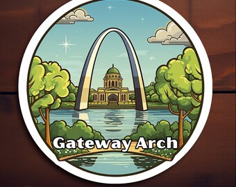 May include: A colorful illustration of the Gateway Arch in St. Louis, Missouri. The arch is a stainless steel monument and is a popular tourist destination. The illustration also features a building and trees.