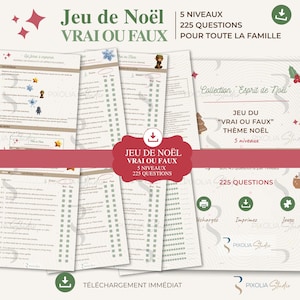 Peut inclure: Jeu de Noël Vrai ou Faux, un jeu de Noël avec 5 niveaux et 225 questions pour toute la famille. Le design comprend une bannière rouge et des graphiques sur le thème de Noël. Le jeu est téléchargeable immédiatement.