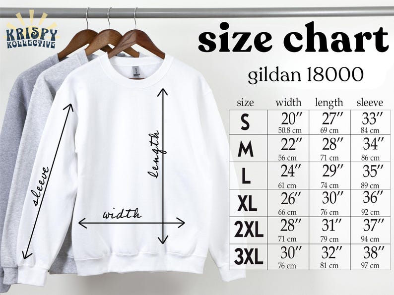 May include: A white Gildan 18000 sweatshirt hanging on a rack, with a size chart to the right. The chart shows measurements for width, length, and sleeve length in inches for sizes S through 3XL. The brand logo is in the upper left corner.