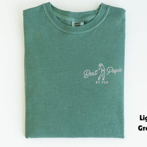 Op de afbeelding: Lichtgroen T-shirt met de tekst "Best Papa" en een golfafbeelding. Het shirt is opgevouwen en heeft een ronde hals. De woorden "BY PAR" staan onder de hoofdtekst. De woorden "Light Green" staan in de rechter benedenhoek.