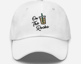 Embroidered Iced Coffee On The Rocks Hat, Iced Coffee Hat, Coffee Lover Gift, Funny Coffee Gift, Iced Coffee Baseball Cap