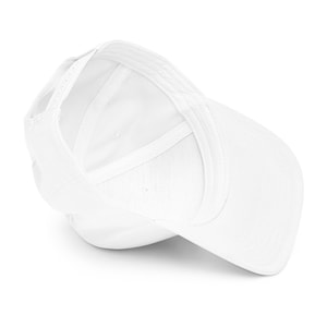 May include: A white baseball cap, viewed from the inside, showing the internal structure and stitching. The cap is made of a smooth, solid white material, with a curved brim and adjustable strap.