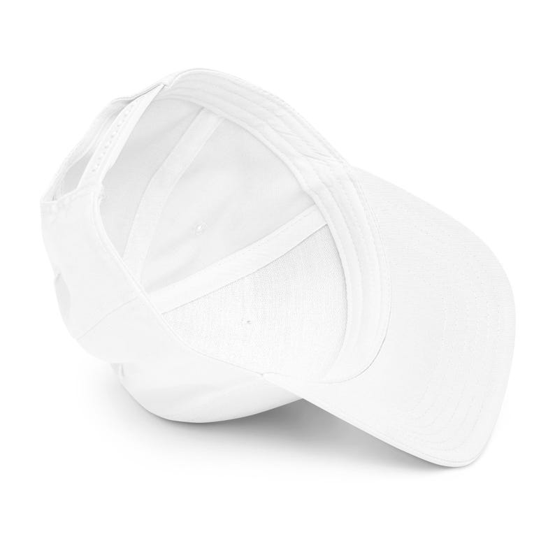 May include: A white baseball cap, viewed from the inside, showing the internal structure and stitching. The cap is made of a smooth, solid white material, with a curved brim and adjustable strap.