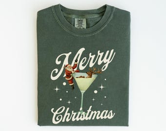 Comfort Colors Santa Martini Shirt, Dirty Martini Christmas Shirt, Fun Christmas Shirt, Christmas Cocktail Shirt, Retro Santa Shirt Martini