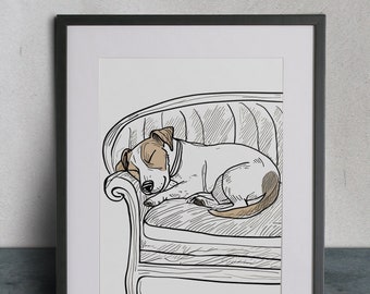 May include: A black and white line drawing of a dog sleeping on a couch. The dog is a Jack Russell Terrier and is curled up on a plush couch with a tufted back.