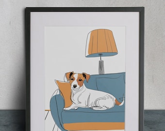 May include: A framed illustration of a white and brown dog sitting on a blue couch with a yellow lamp in the background.