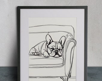 May include: Black and white line art illustration of a French bulldog sleeping on a couch. The image is framed in a black frame.