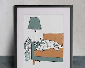 Mid Century Drawing of a Alaskan Husky Lying on a Couch, Contemporary Husky Art Print