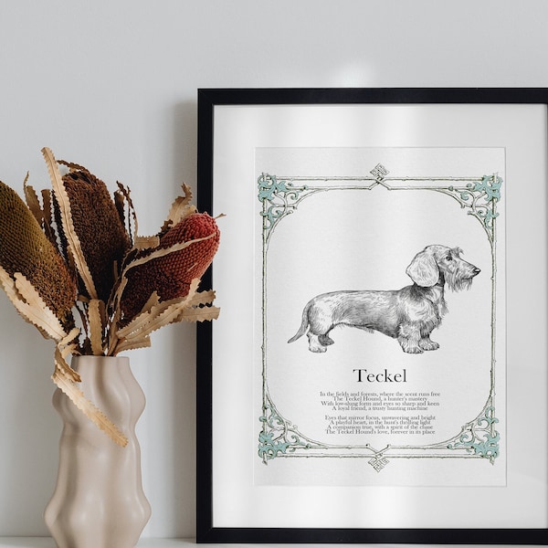 Vintage Style Teckel Print, Illustrated Dog Poem, Antique Style Wire Hair Dachshund Sketch