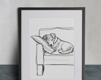 Dessin au trait représentant un terrier Jack Russell endormi sur le canapé, un terrier endormi sur un canapé