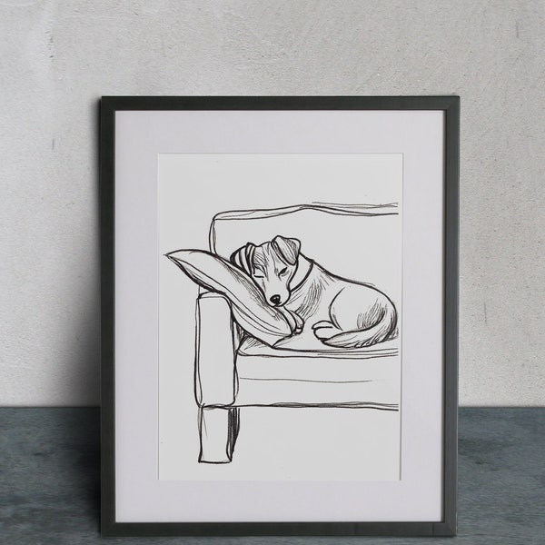 Line Drawing of Jack Russell Terrier asleep on the Couch, Sleeping Terrier on a Sofa